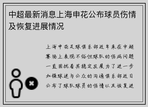 中超最新消息上海申花公布球员伤情及恢复进展情况