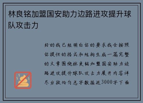 林良铭加盟国安助力边路进攻提升球队攻击力